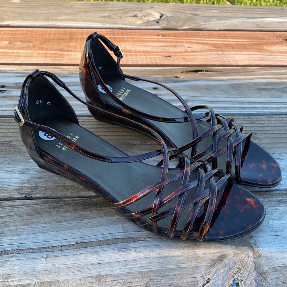 New Stuart Weitzman Brown Patent Leather Open Toe Strappy Wedge Sandals 8 1/2 M - Picture 2 of 11